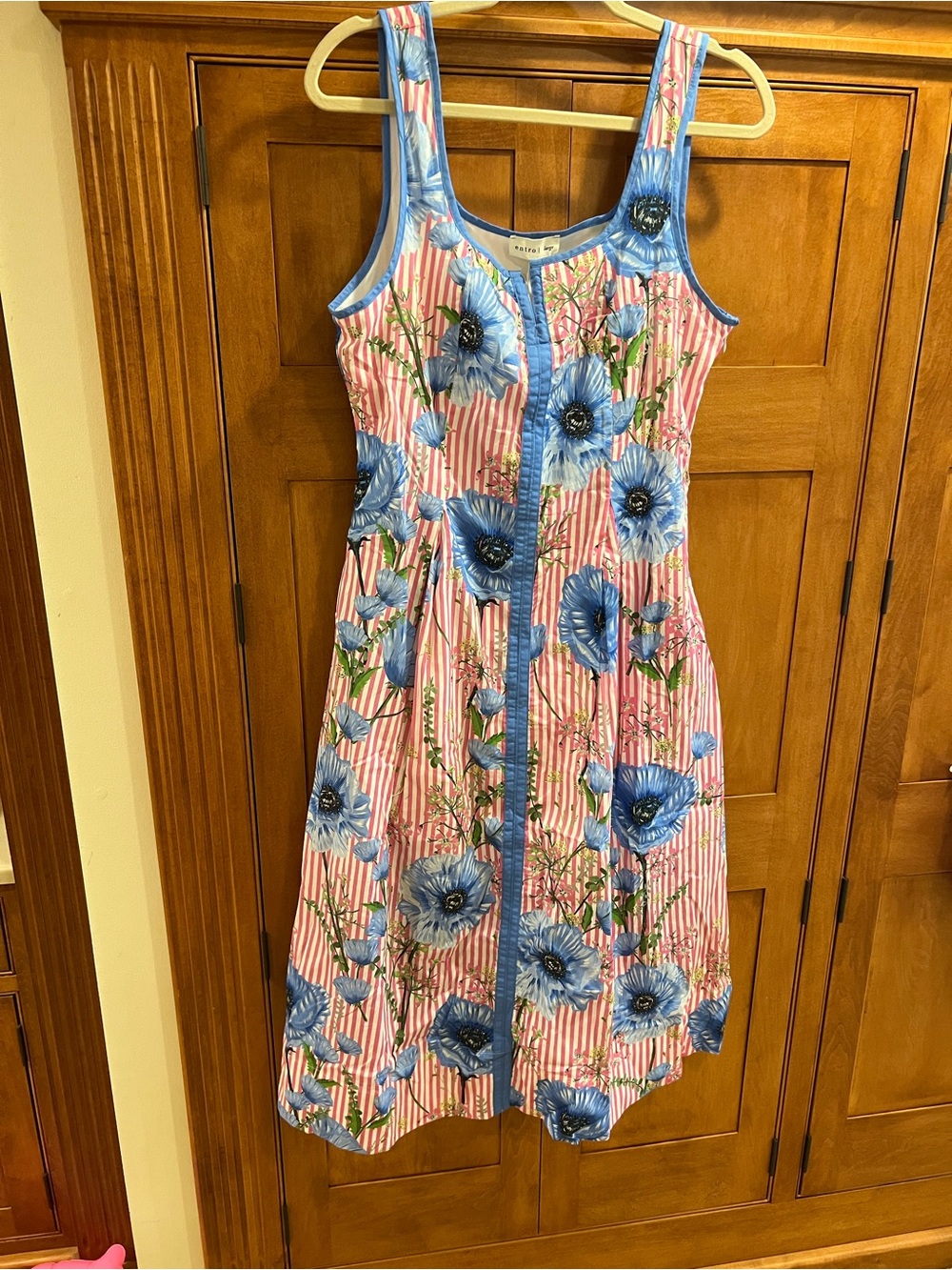 entro Pink-White Striped Midi Dress with Blue Floral Print - Picture 3 of 10